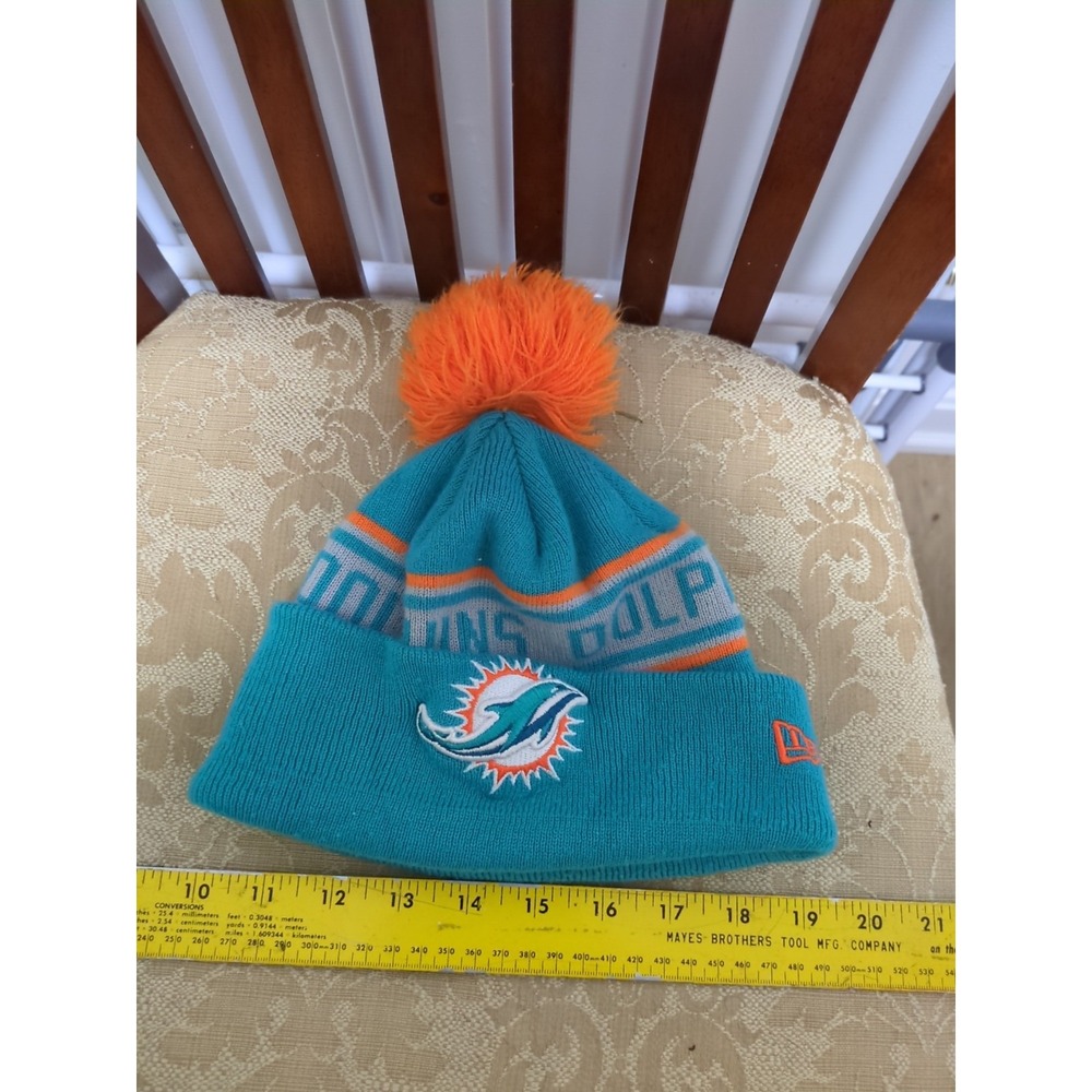 Florida Dolphins Beanie Pompom Youth Sized Unisex Teal And Orange